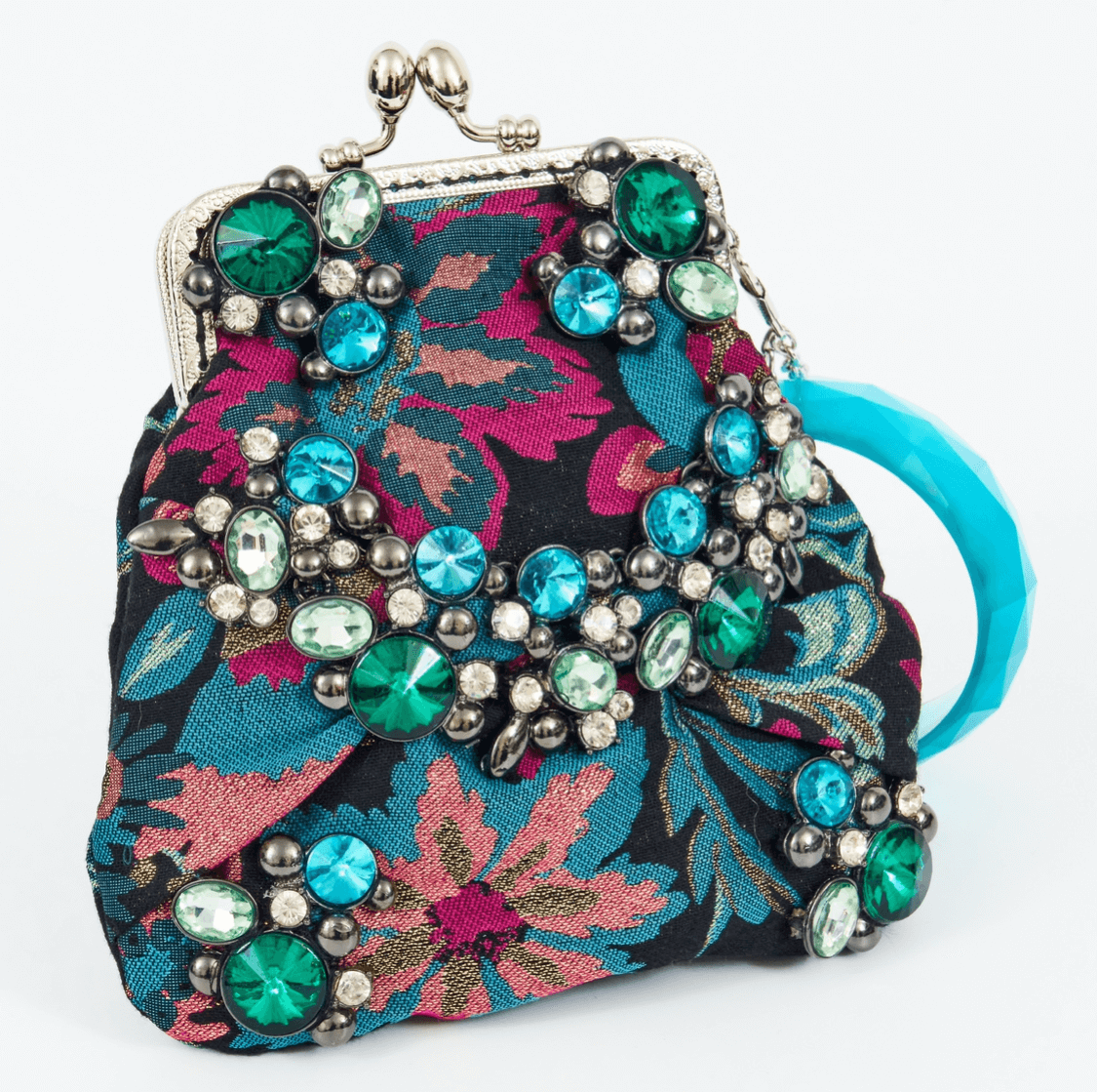 Meet Freda. A blue, pink and black wristlet purse with garland style, rhinestone embellishment.