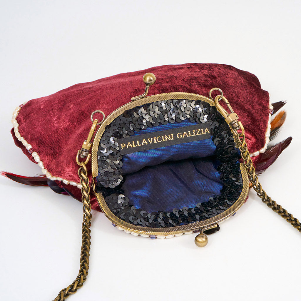 Plumb velvet & multicolour feather handbag with a pearl and amethyst trim.