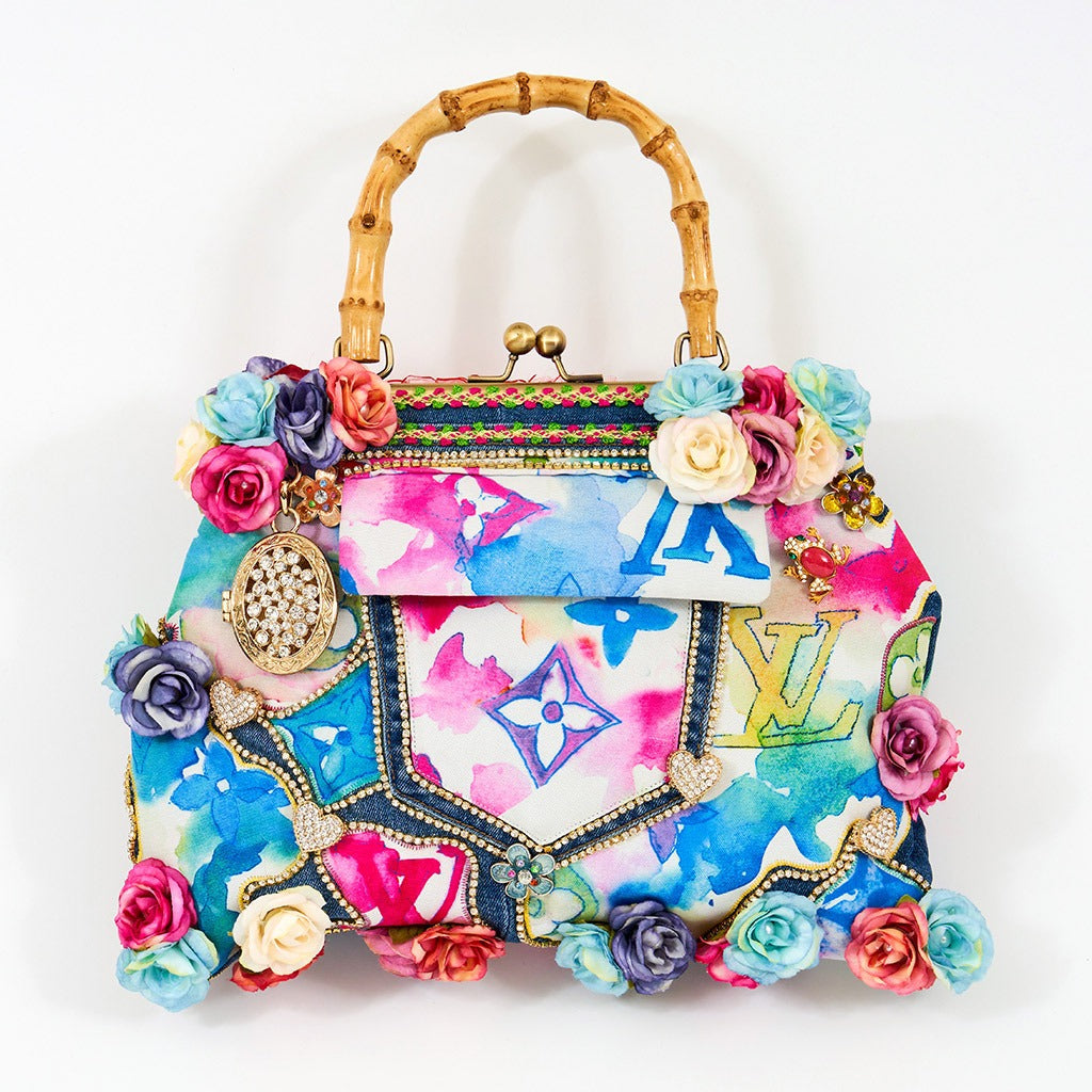 Meet Angelica. 100% handmade with denim, Louis Vuitton fabric, diamanté and flowers.