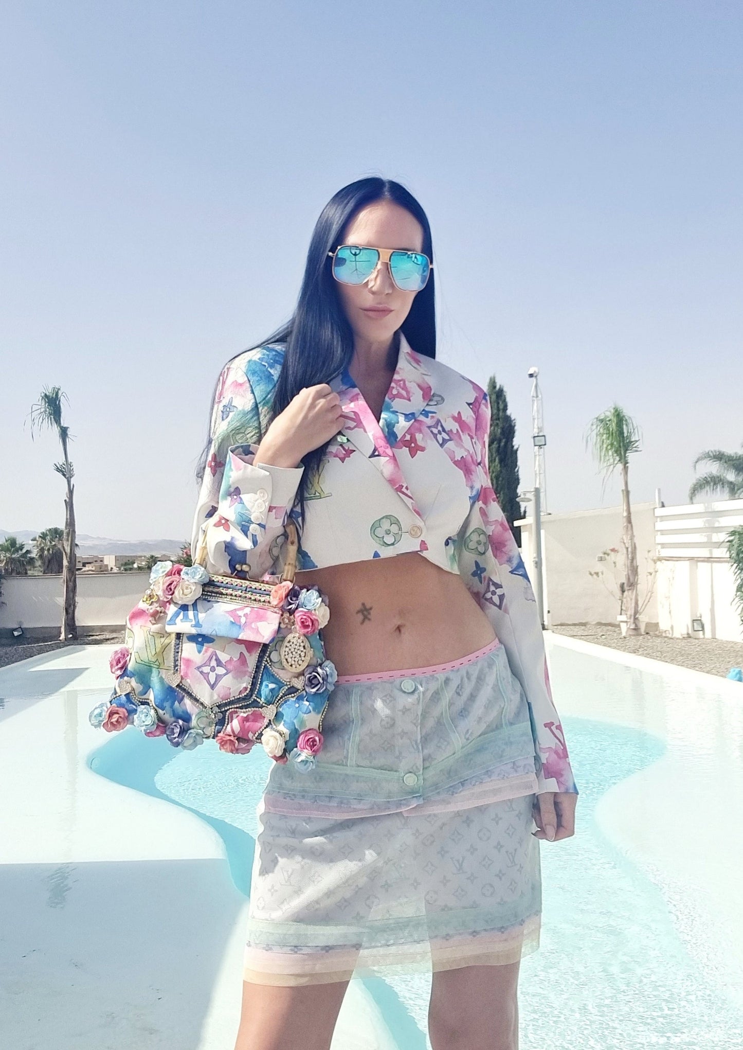 Meet Angelica. 100% handmade with denim, Louis Vuitton fabric, diamanté and flowers.