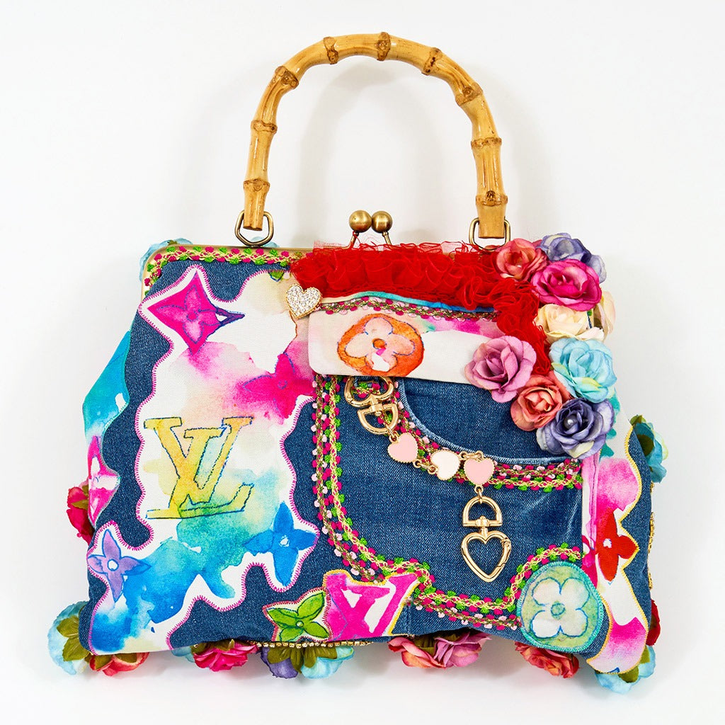 Meet Angelica. 100% handmade with denim, Louis Vuitton fabric, diamanté and flowers.