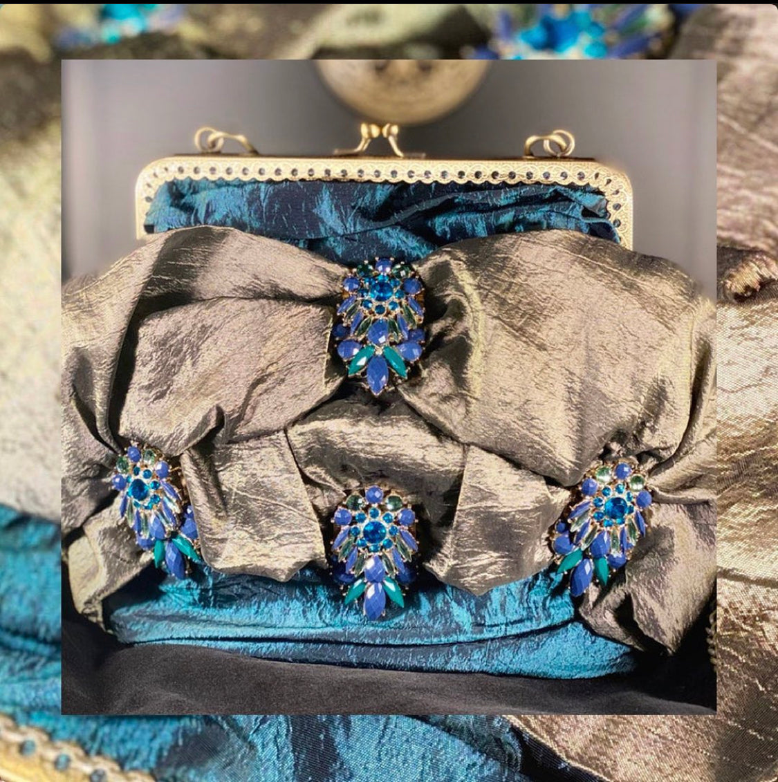 Meet Amalia. An emerald, blue and green silk bag with vintage embellishments