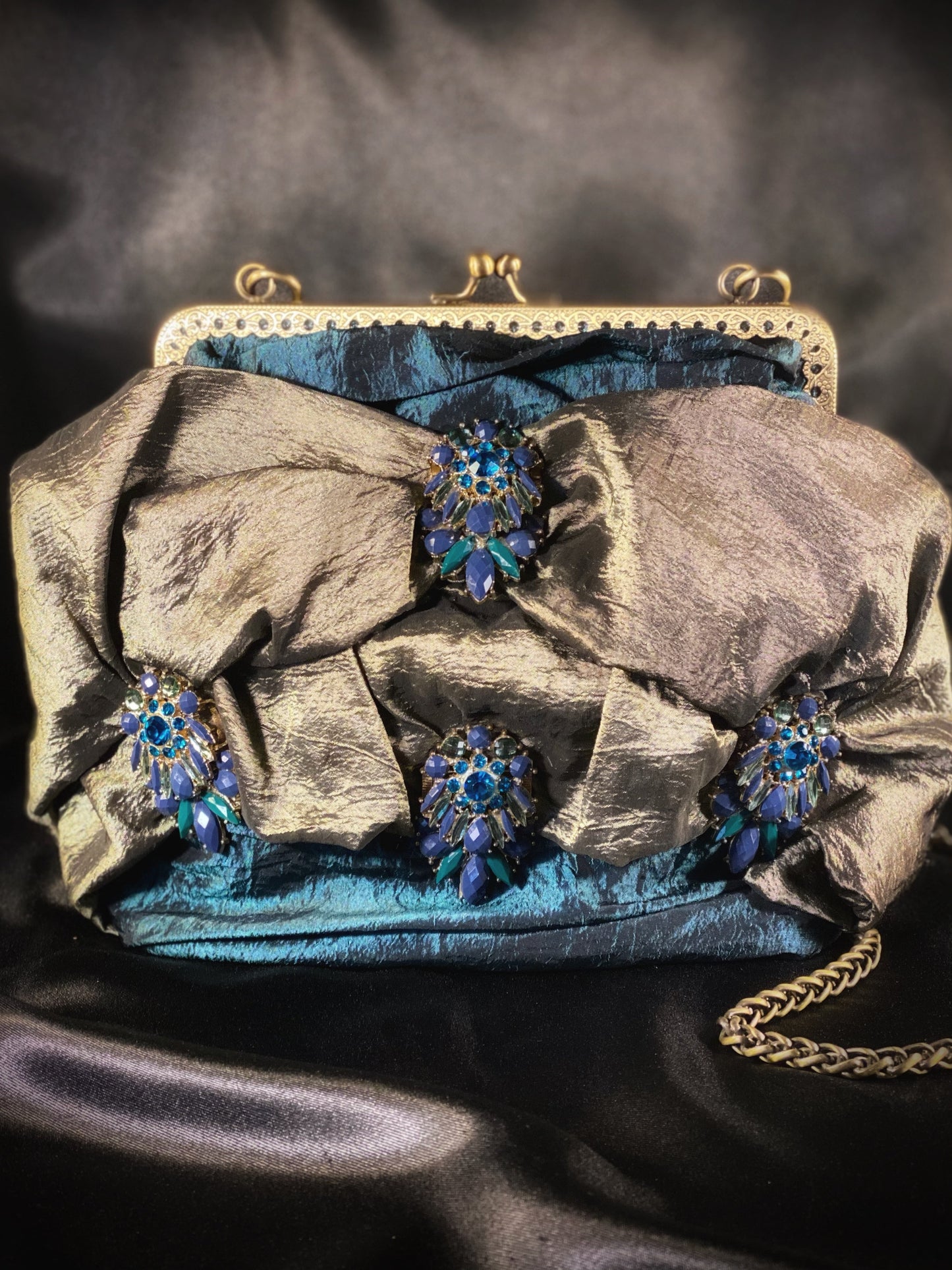 Meet Amalia. An emerald, blue and green silk bag with vintage embellishments