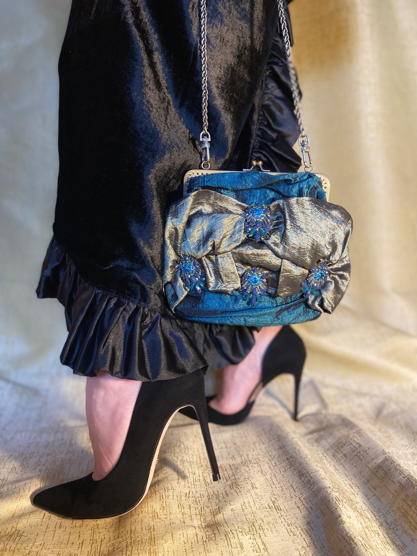 Meet Amalia. An emerald, blue and green silk bag with vintage embellishments