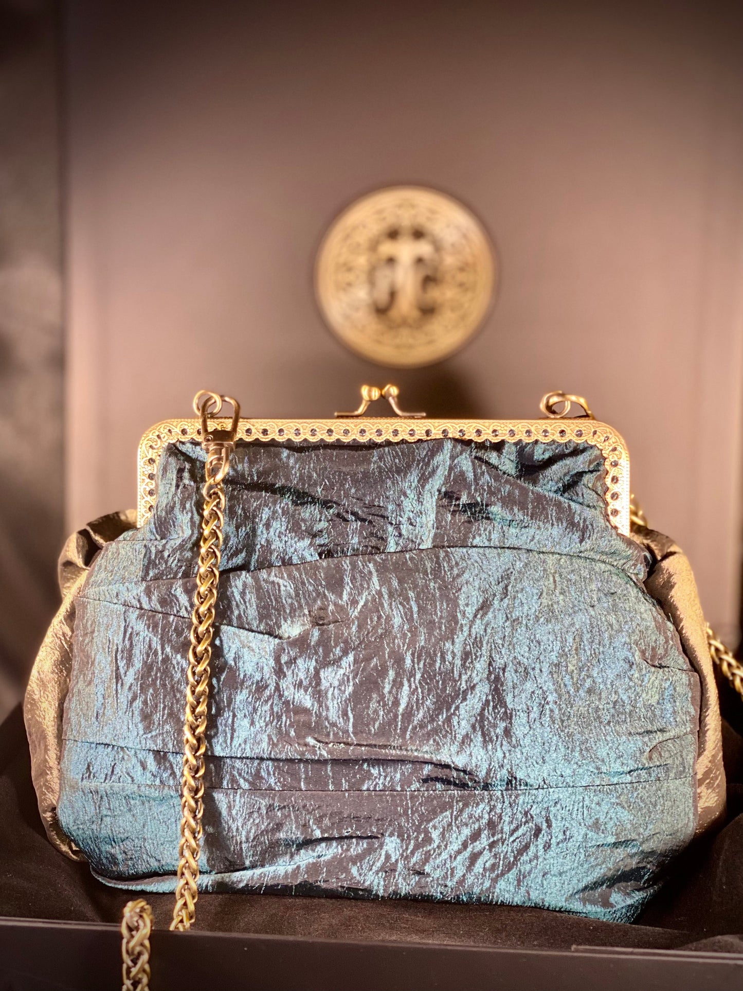 Meet Amalia. An emerald, blue and green silk bag with vintage embellishments