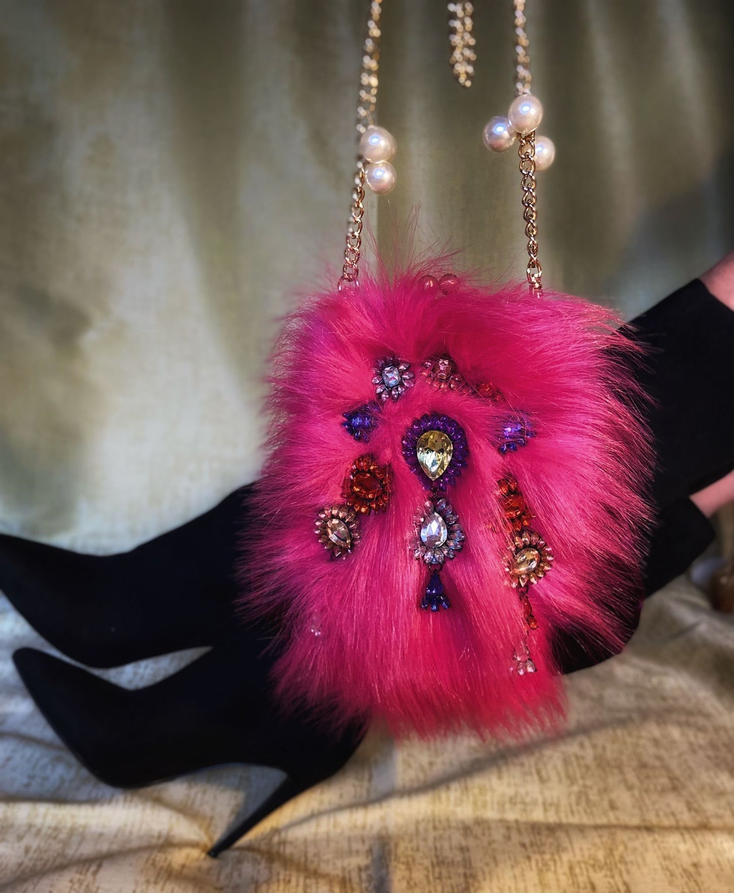 Meet Kylie. A hot pink, faux fur and plum coloured velvet handbag.