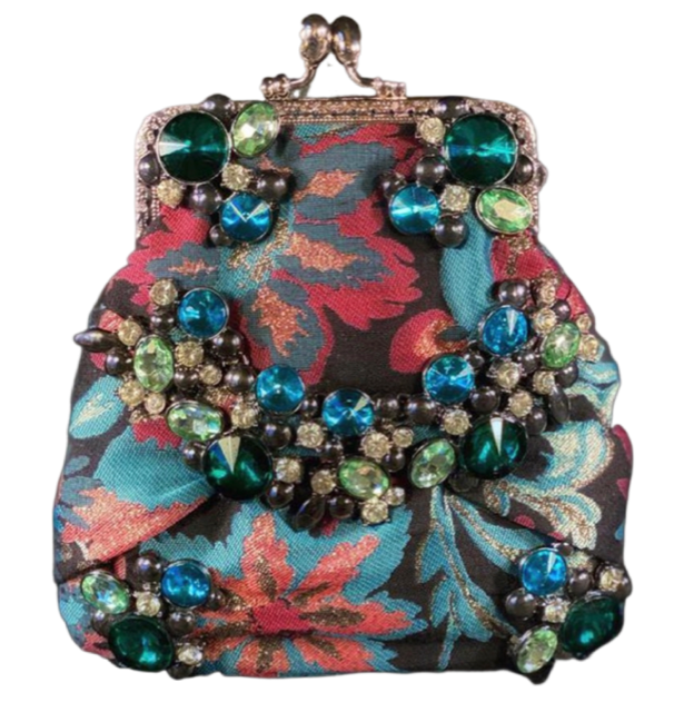 Meet Freda. A blue, pink and black wristlet purse with garland style, rhinestone embellishment.