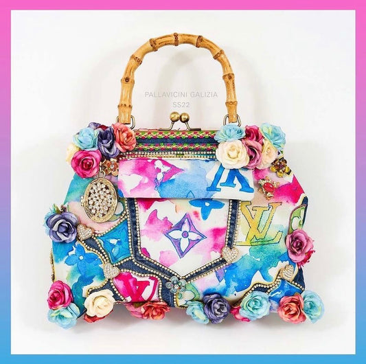 Meet Angelica. 100% handmade with denim, Louis Vuitton fabric, diamanté and flowers.